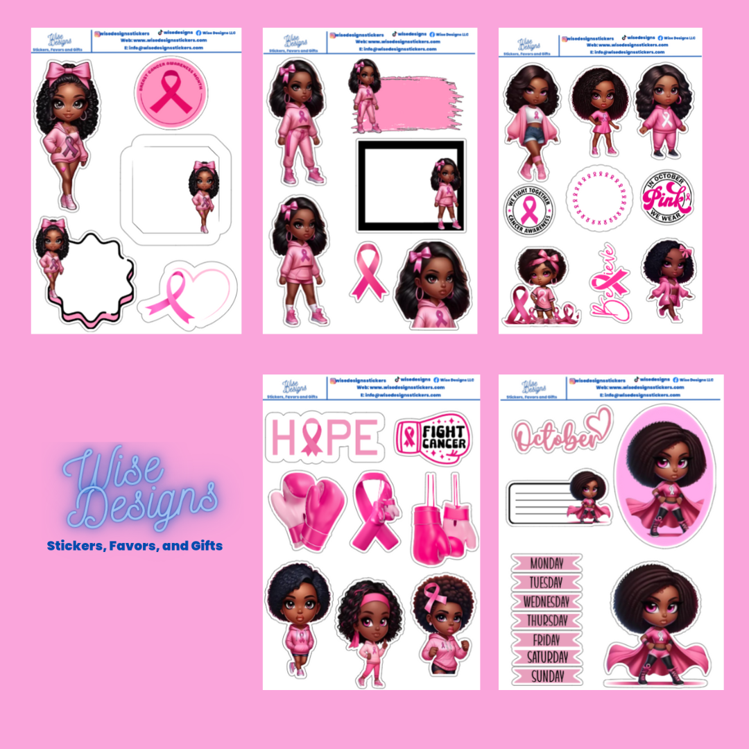 Breast Cancer Awareness Girls Sticker Sheets - Premium Kiss Cut Stickers from Wise Designs - Just $5! Shop now at Wise Designs