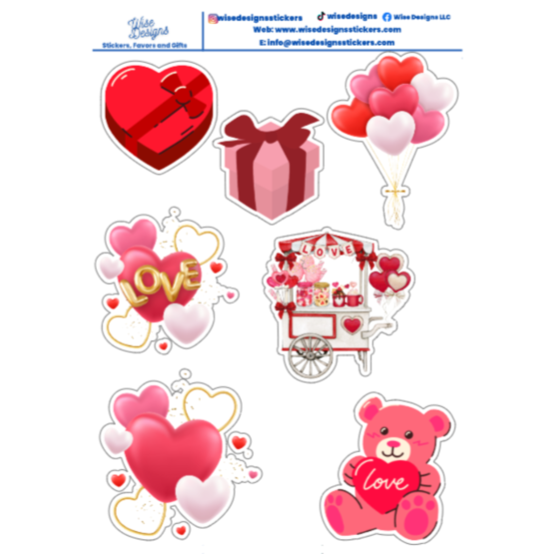 Valentine Deco Sticker Sheet - Premium Kiss Cut from Wise Designs - Just $5! Shop now at Wise Designs
