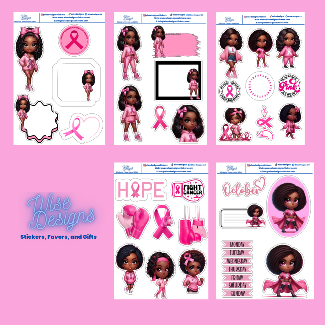 Breast Cancer Awareness Girls Sticker Sheets - Premium Kiss Cut Stickers from Wise Designs - Just $5! Shop now at Wise Designs 