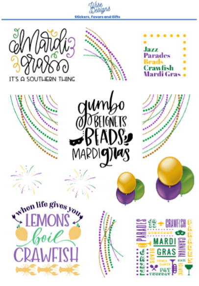 Mardi Gras Sticker Sheets - Premium Kiss Cut Stickers from Wise Designs - Just $5! Shop now at Wise Designs 